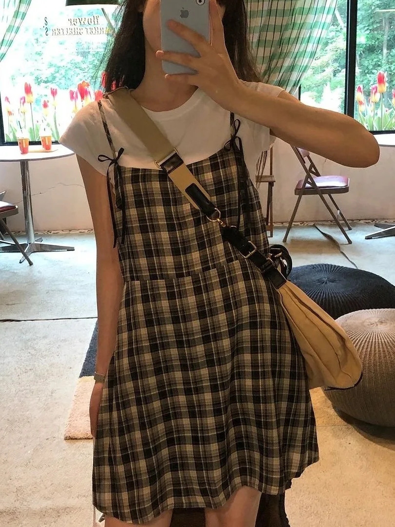 

New Vintage Plaid Dr Women's Faionable A-Line Strap Design Layering Effect Age-Defng Spring Summer Dr