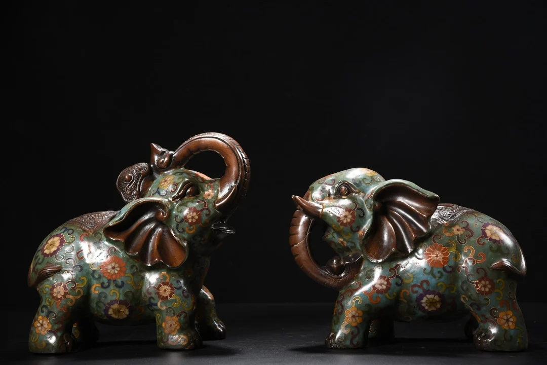 

9"Tibetan Temple Collection Old Bronze Cloisonne Enamel Auspicious Ruyi Elephant Statue A Pair Gather fortune Town house