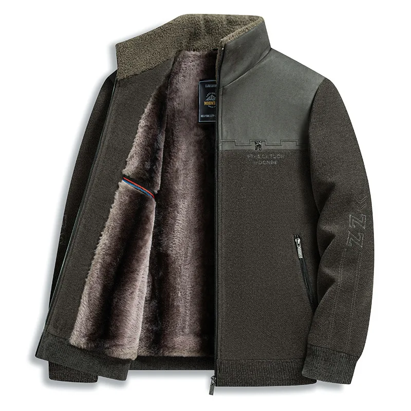 XXXXL Outerwear Spliced Fleece Jacket Men's Winter Warm Embroidered Casual Stand-up Jacket Fashion Male Tops