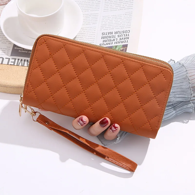 New Large Capacity Women Long Wallet Pu Leather Double Zipper Coin Purse Card Holder Cellphone Wallet Ladies Clutch with Wristle
