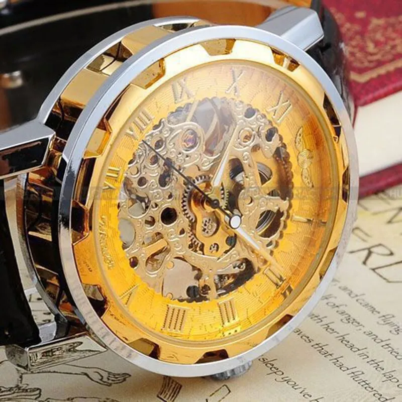 Heren Mechanisch Polshorloge Met Zwart Lederen Band 1Pc Luxe Mode Rvs Skelet Mechanisch Horloge Voor Het Bedrijfsleven