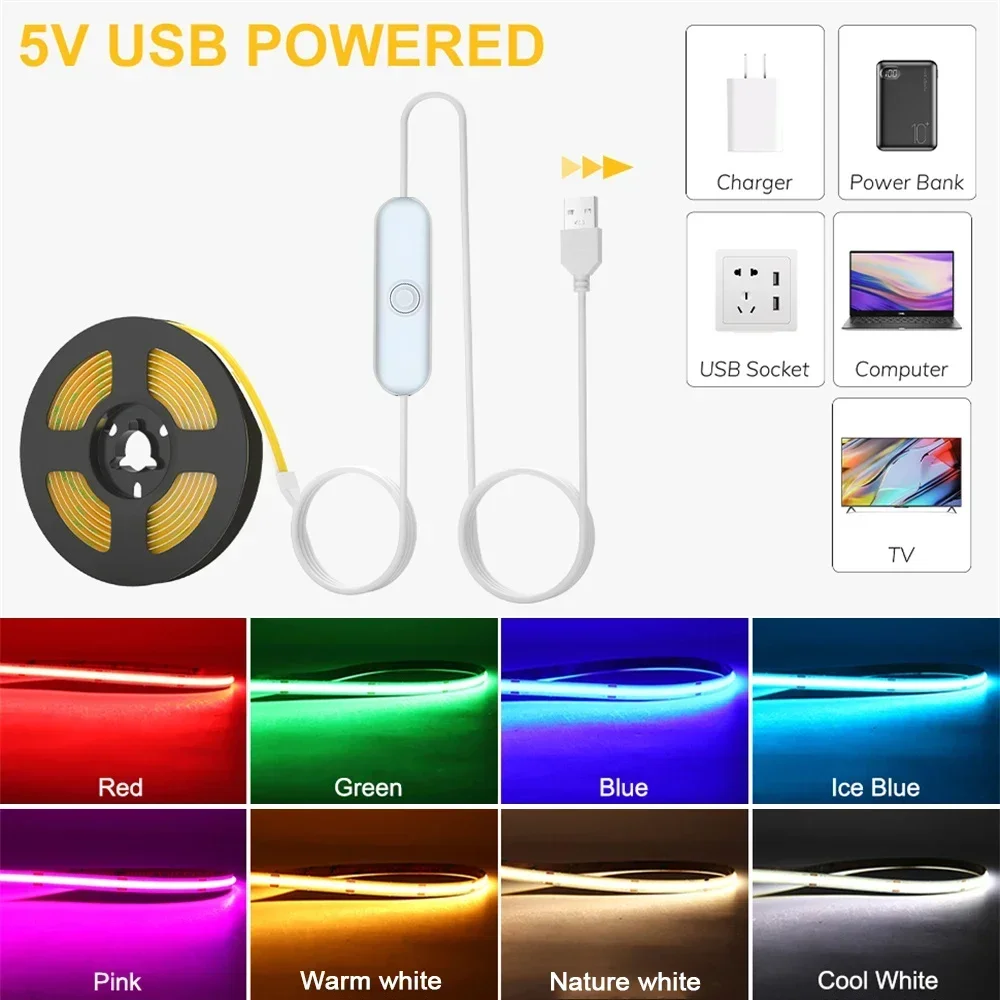 USB COB LED Strip, DC5V Flexible LED Tape, 400 LEDs/m Flexible LED Strips, Dotless Strip Ribbon for Wardrobe, Kitchen Decor