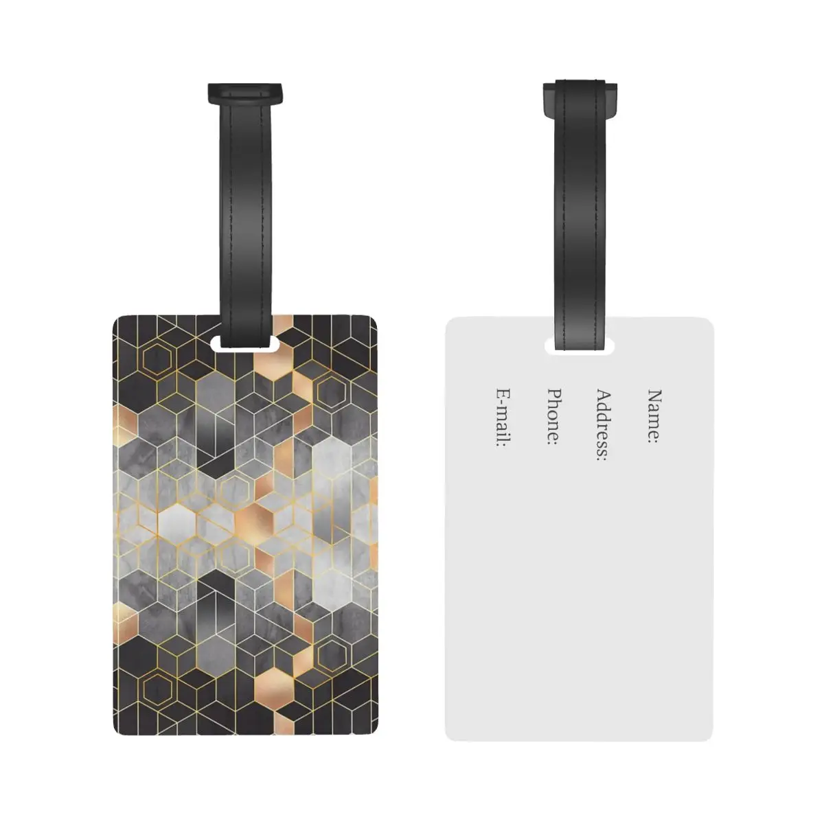 Geometric Gold + Grayscale Hexagons Modern Stylistic Pattern Luggage Tags Suitcase  Baggage Boarding Tag Portable Label Holder