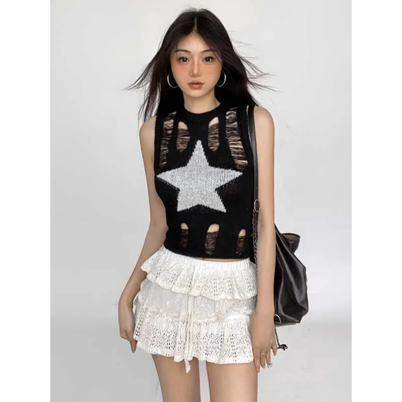

Летний Y2K со звездным принтом, однотонный сексуальный ажурный жилет для девочек, модный уличный стиль, облегающий короткий женский топ без рукавов, новый