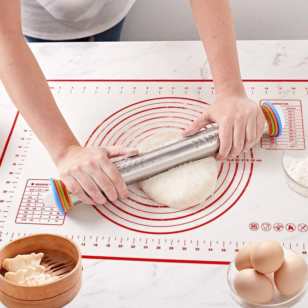 

Adjustable Stainless Steel Rolling Pin and Pastry Baking Mat Set Bakeware Tools for Baking Dough Pizza Pie Pastries Pasta Cookie