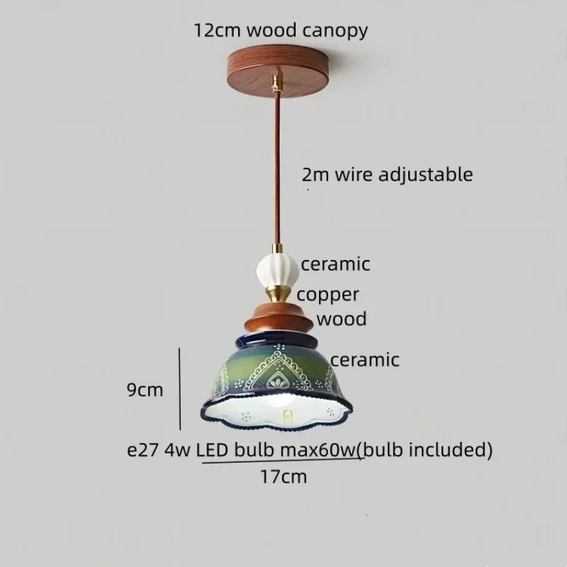 Hand Painted Ceramic Pendant Light Retro Wooden Bead Hanging Lamp Vintage Ceiling Lamp for Kitchen Island Bedroom Dining Room