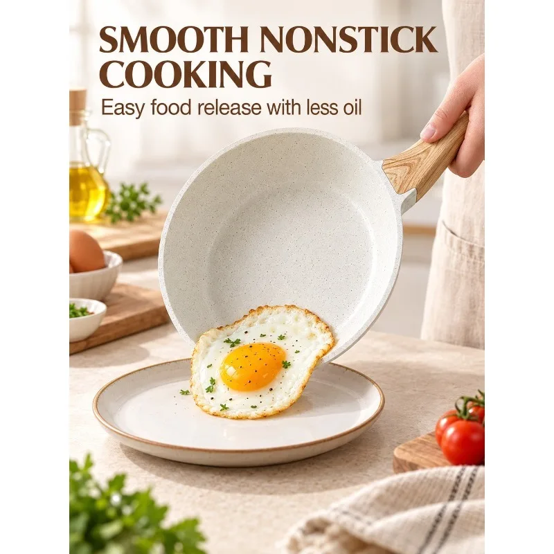 10-Piece White Ceramic Nonstick Cookware Set, 8-Inch Frying Pan, 10-Inch Sauté Pan & 2-Qt Saucepan With Lids, Silicone Utensils And Pan Protectors, Induction Compatible, Easy-Clean Kitchen Cooking Set
