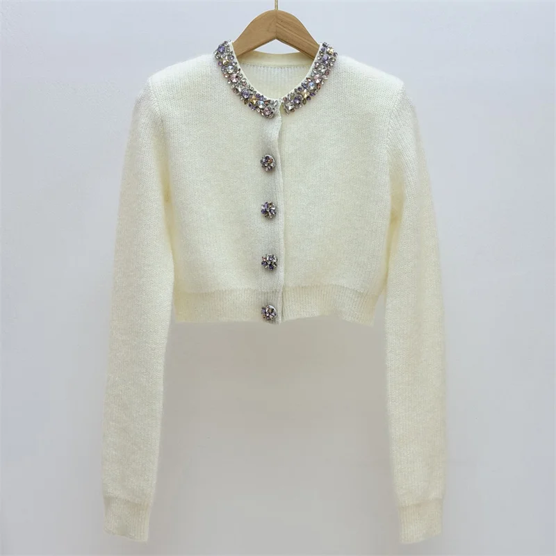 

Cardigan for women New elastic knitted slim fit long sleeved top for spring 2026 Colorful rhinestone Knitwear women's sweater