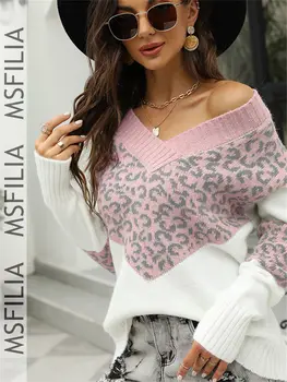 Msfilia Women's Fall/Winter V-Neck Colorblock Leopard Print Sweater, Loose Slouchy Knit Top Versatile Pullover 2