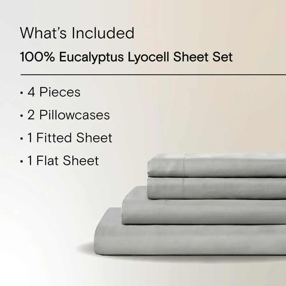 AiryWeight Tencel Sheet Set, 100% Lyocell Derived from Eucalyptus, 4pc-2 Pillowcases 1 Fitted 1 Top (Dove, King)