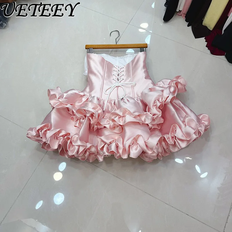 Europeu e americano design francês bowknot ruched retalhos espinha de peixe sem alças mini vestido babados bainha vestidos curtos e shorts