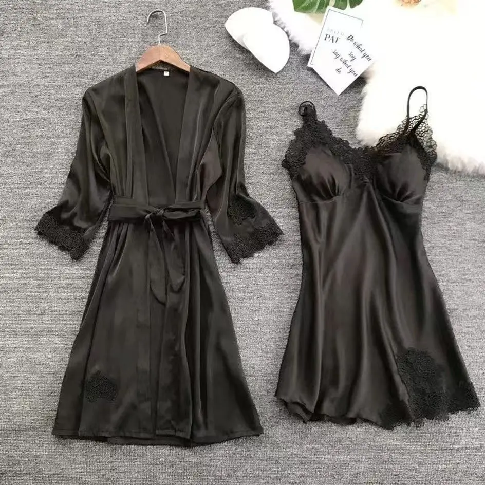 Spring and autumn two sexy women's pajamas set women's silk sexy slip dress long sleeved nightdress women summer