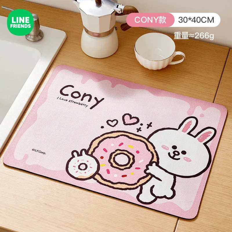 LINE FRIENDS Brown Cony Cartoon Diatom Mud Meal Mat Anime Kawaii Kitchen Drain Bowl Plate Insulation Desktop Water Absorbing Mat