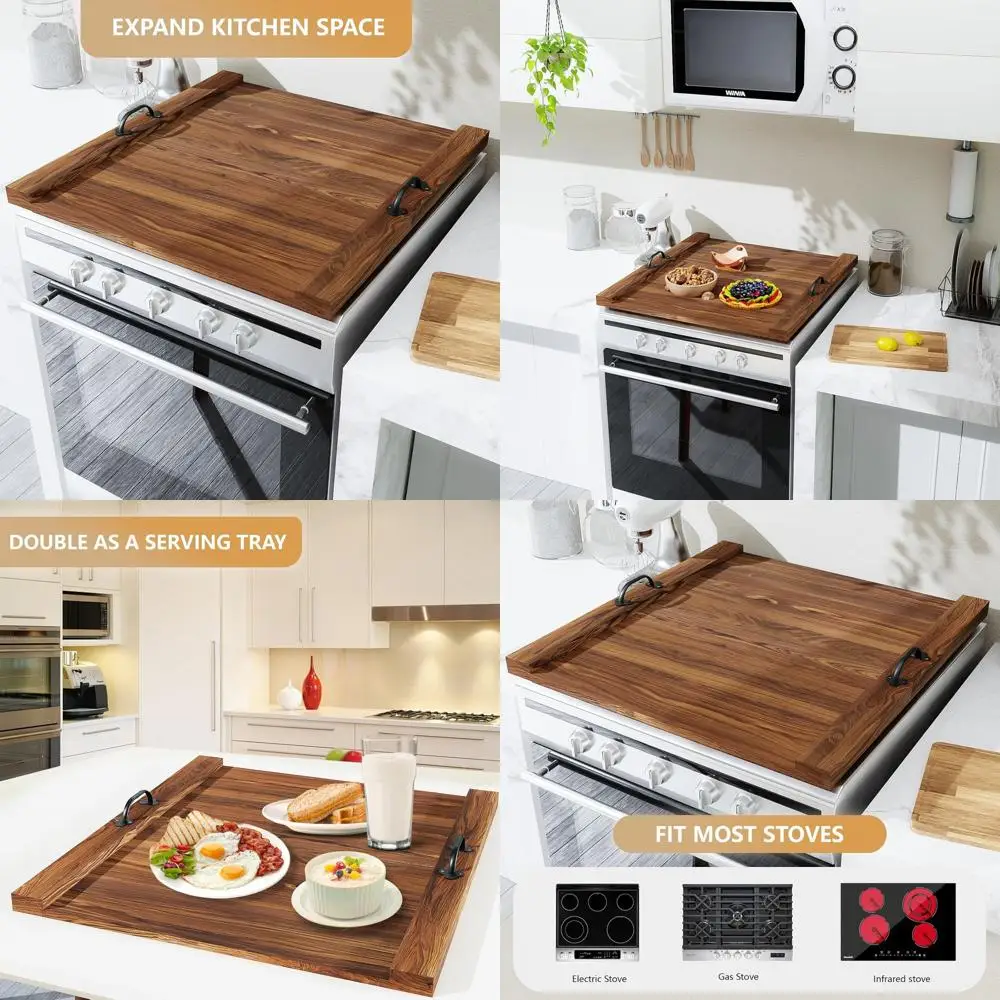

Wooden Stove Top Cover with Handle, 29.5x22, for Electric & Gas Stoves, Glass Range Protector
