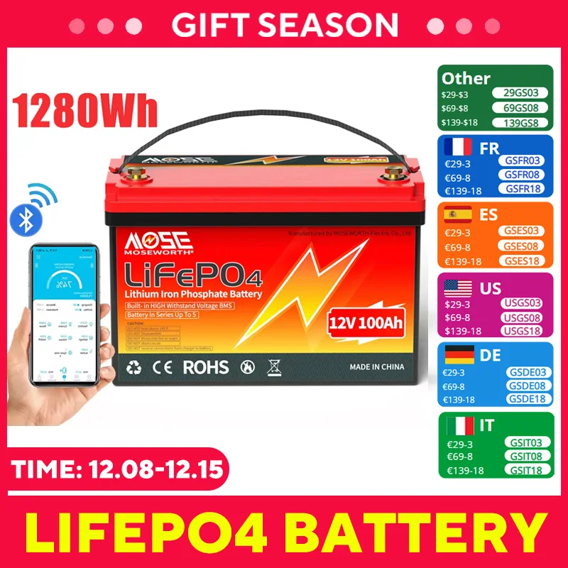 2pcs 12V 100Ah LiFePo4 Battery 6000+ Cycle Rechargeable Batteries Lithium Iron Phosphate Bateria Power Bank for RV Camper Solar