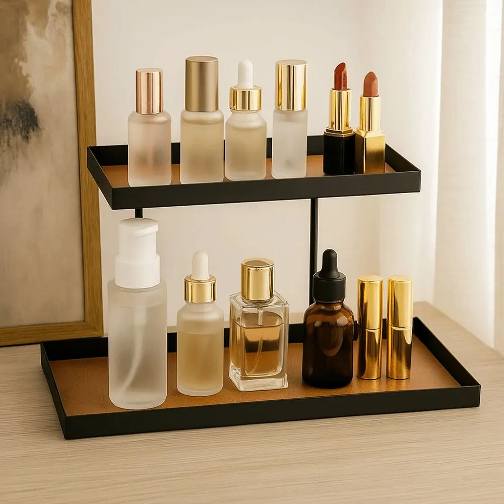 

Iron Double Layer Vanity Tray Rectangular Decorative Jewelry Display Stand Rack Large Capacity Space Saving Dresser Tray