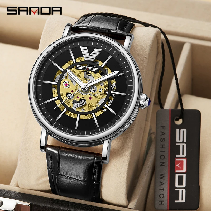 

SANDA Brand Classic Casual Watch For Men Fashion Skeleton Automatic Mechanical Watch 30M Waterproof Genuine Leather Strap Reloj