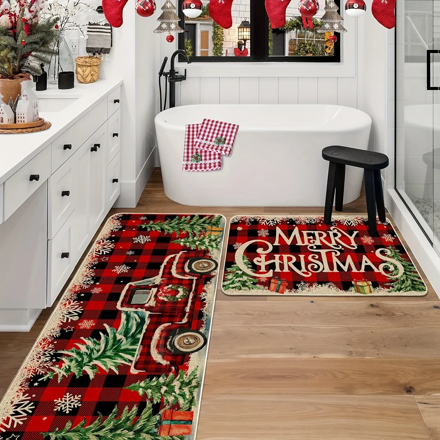 

2PCS Merry Christmas Xmas Tree Pattern Kitchen Rugs Living Room Bedroom Entrance Carpets Balcony Bathroom Non-slip Floor Mats