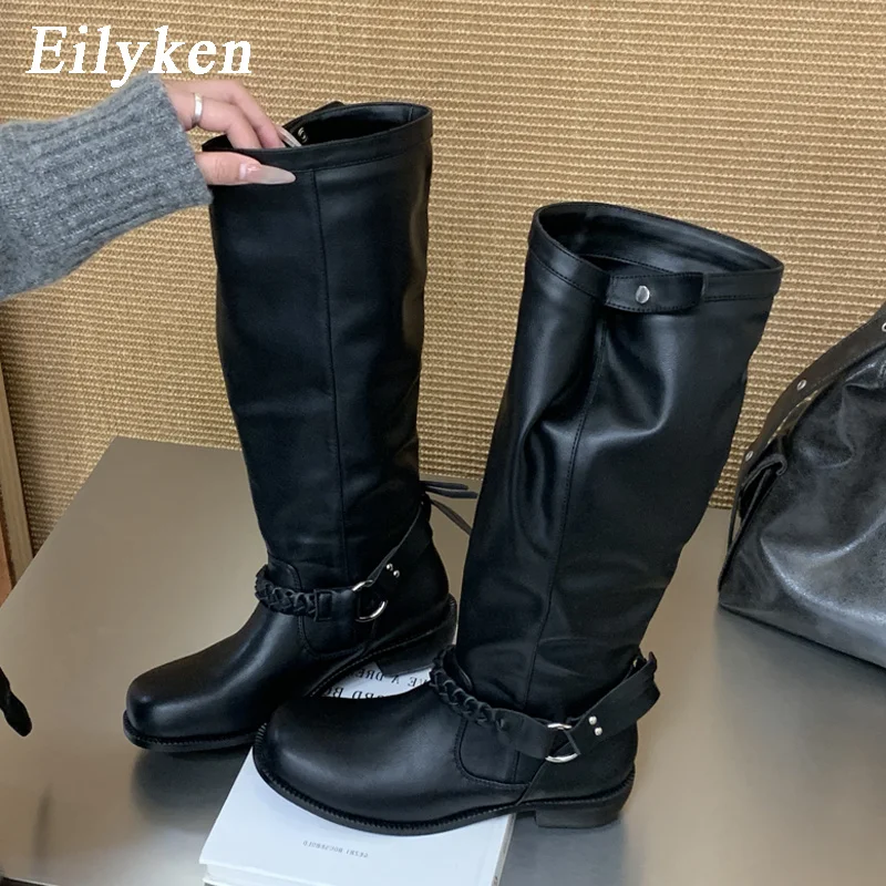Eilyken  2027 Autumn Winter Design Weave Belt Buckle Women Knee-High Boots Fashion Retro Round Toe Square Low Heels Shoes