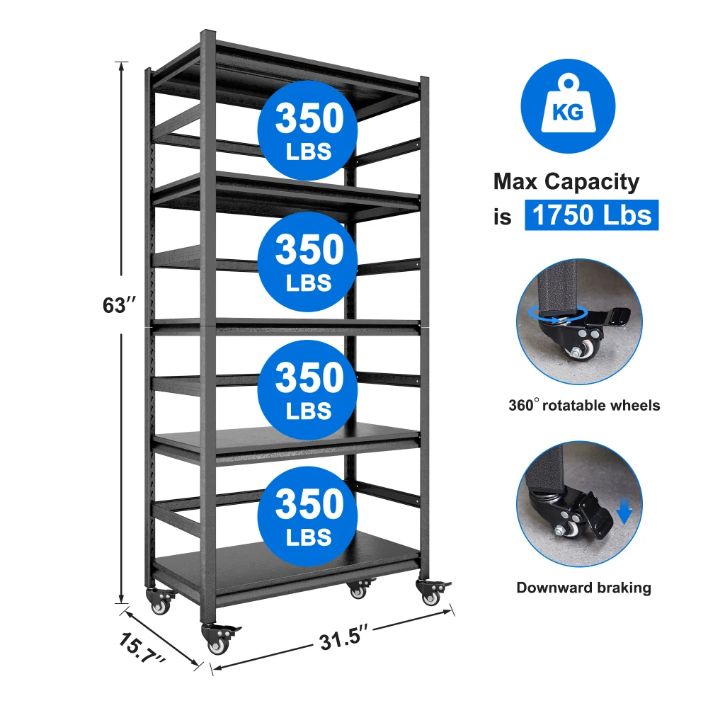 63"H Storage Shelves - Heavy Duty Metal Shelving Unit Adjustable 5-Tier Pantry with Wheels