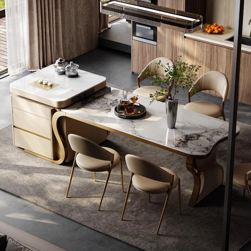 High End Island Dining Table Integrated Retractable Household Large Villa Pull Out Rock Board Rectangle Multifunctional Tables