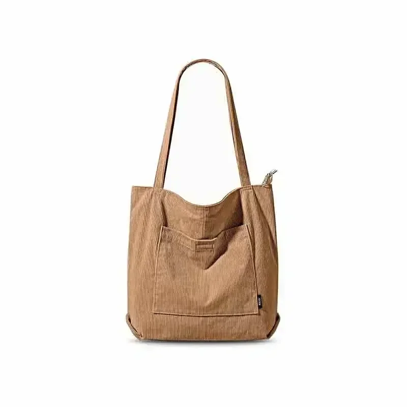 SPR18 Bolsa tote feminina de veludo cotelê Bolsa grande de ombro com bolso com zíper