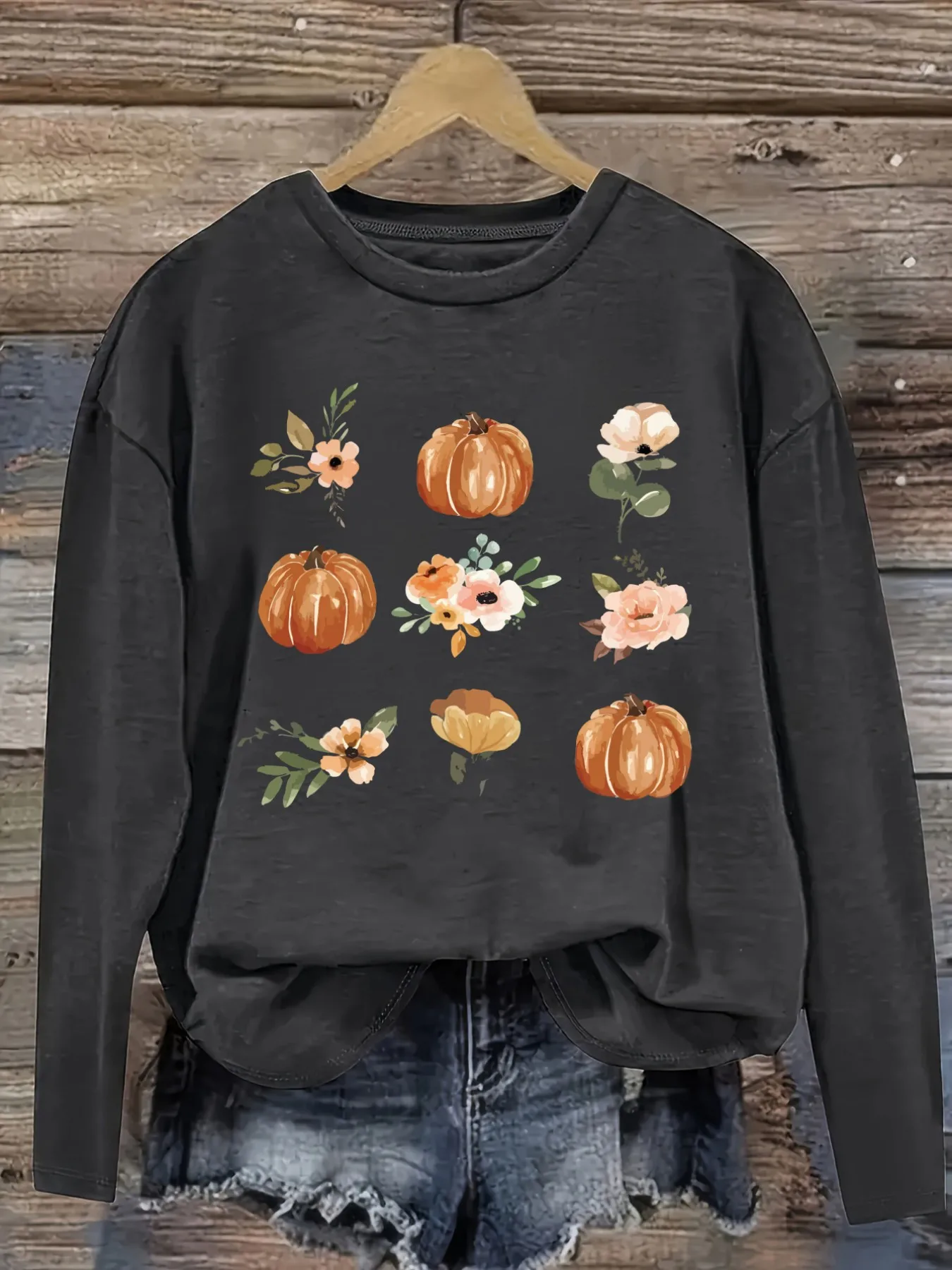 Women's Casual Long Sleeve Crew Neck T-Shirt Pumpkin And Floral Print Design Design, Round Neck Women's Clothing, Machine Washable, Slightly Elastic, Loose Fit, Spring Autumn Winter Women's T-Shirt, Halloween Costume Outfit view 2
