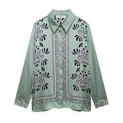 Willshela Women Fashion Satin Printed Single Breasted Blouse Vintage Lapel Neck Long Sleeves Female Chic Lady Shirts