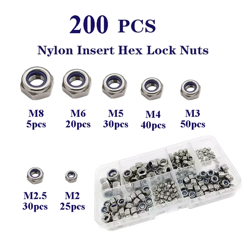 

200 шт. нейлоновые вставки, шестигранные стопорные гайки, набор метрических стопорных гаек из нержавеющей стали 304 M2,5 M3 M4 M5 M6 M8 для крепежных болтов