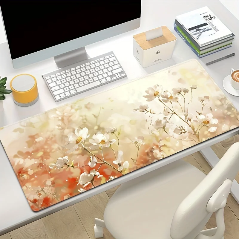 

Elegant Snowy Flower Mouse Pad: Large Gaming Desk Mat with Rubber Grip and Locked Edges - Perfect for Office or Home Use
