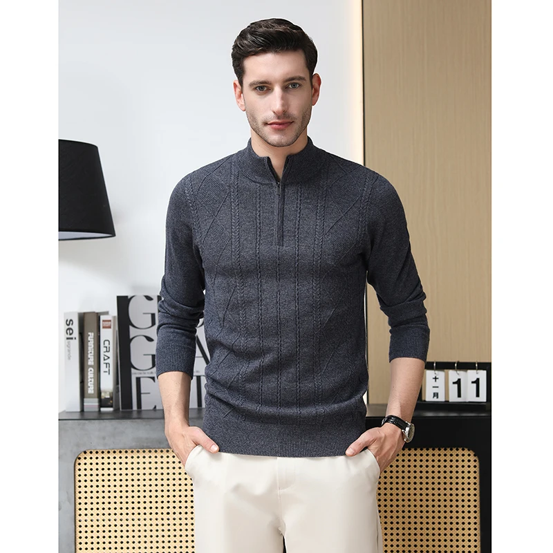 

100% Sheep Wool Men's Clothes 2024 Autumn & Winter Casual Warm Zipper Sweater Long Sleeve Male Plaid Jumper Pure Wool Knitwear