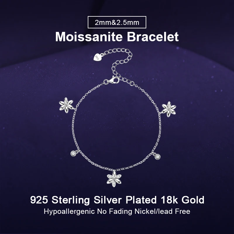 IOGOU 2 مللي متر و 2.5 مللي متر D0.21CT مويسانيتي سوار مرصع بالألماس المشاركة الزفاف حُليات المجوهرات الحقيقية 925 الفضة زهرة أساور للنساء