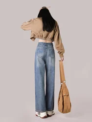 150CM Petite girls vintage blue Wide Leg pants comfortable Y2K Skinny Ankle length straight jeans