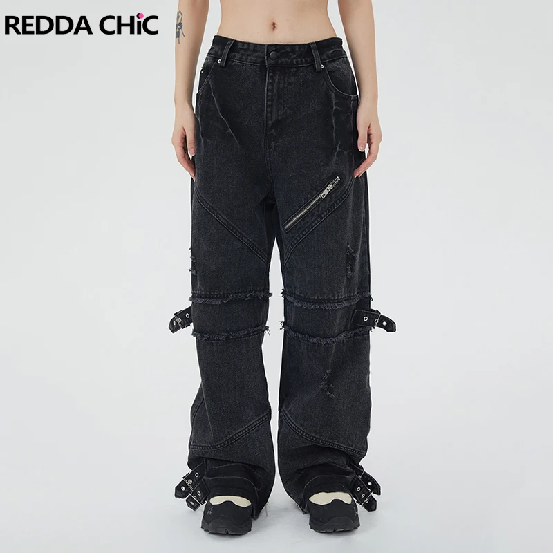 

REDDACHiC Belted Ripped Cargo Pants Women Retro Black Patchwork Raw Edge Baggy Jeans High Waist Casual Wide Pants Y2k Trousers