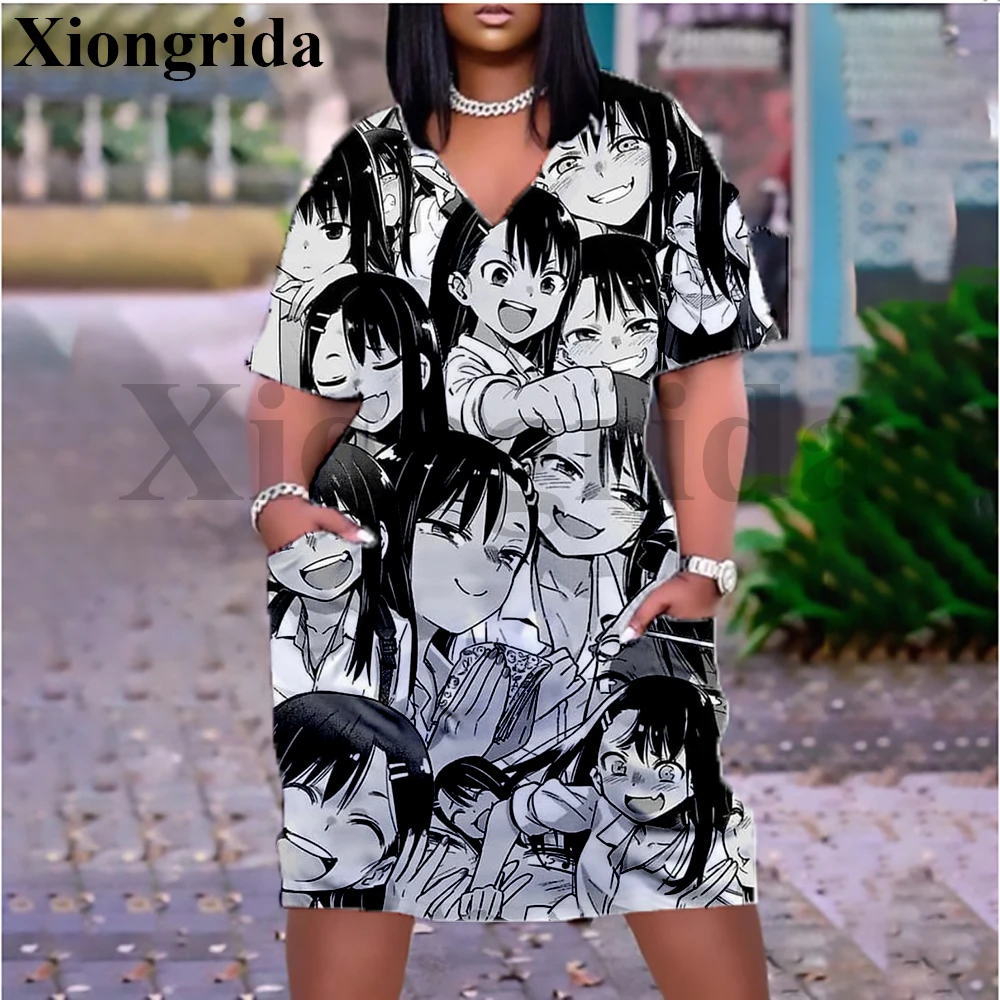 Hentai Sexy Anime Printed Pocket Dress Women 3D Nagatoro Hayase Casual Loose V Neck T Shirt Dress Summer Elegant Female Dress