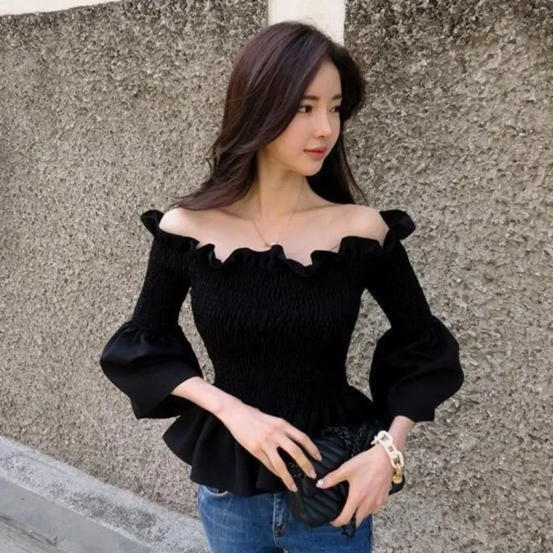 Flare Sleeve Blouses Women French Style Ruffles Classic Lady Fashion Solid Ins Elastic Spring Elegant Retro Slash Neck Romantic