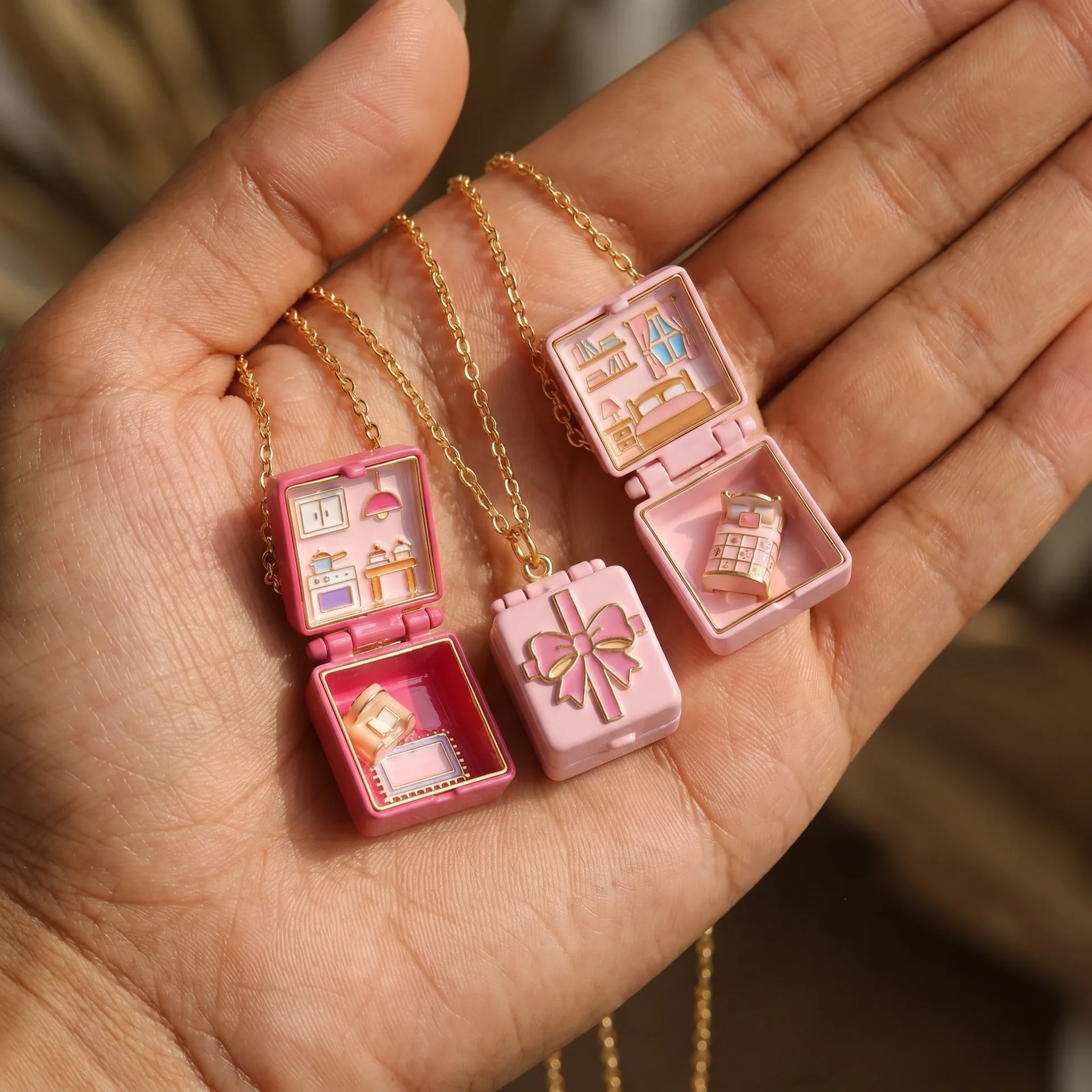 Opening and Closing Square Pendant Necklace New Bedroom Girl's Kitchen Miniature Cabin Scene Necklace Colorful Bow Necklace