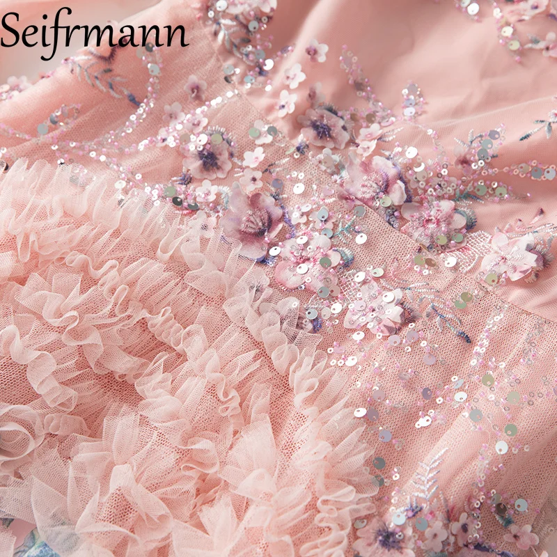 Seifrmann 2026 lente dames nieuwe modieuze ronde hals lange mouw pailletten splicing mesh taille cinching jurk