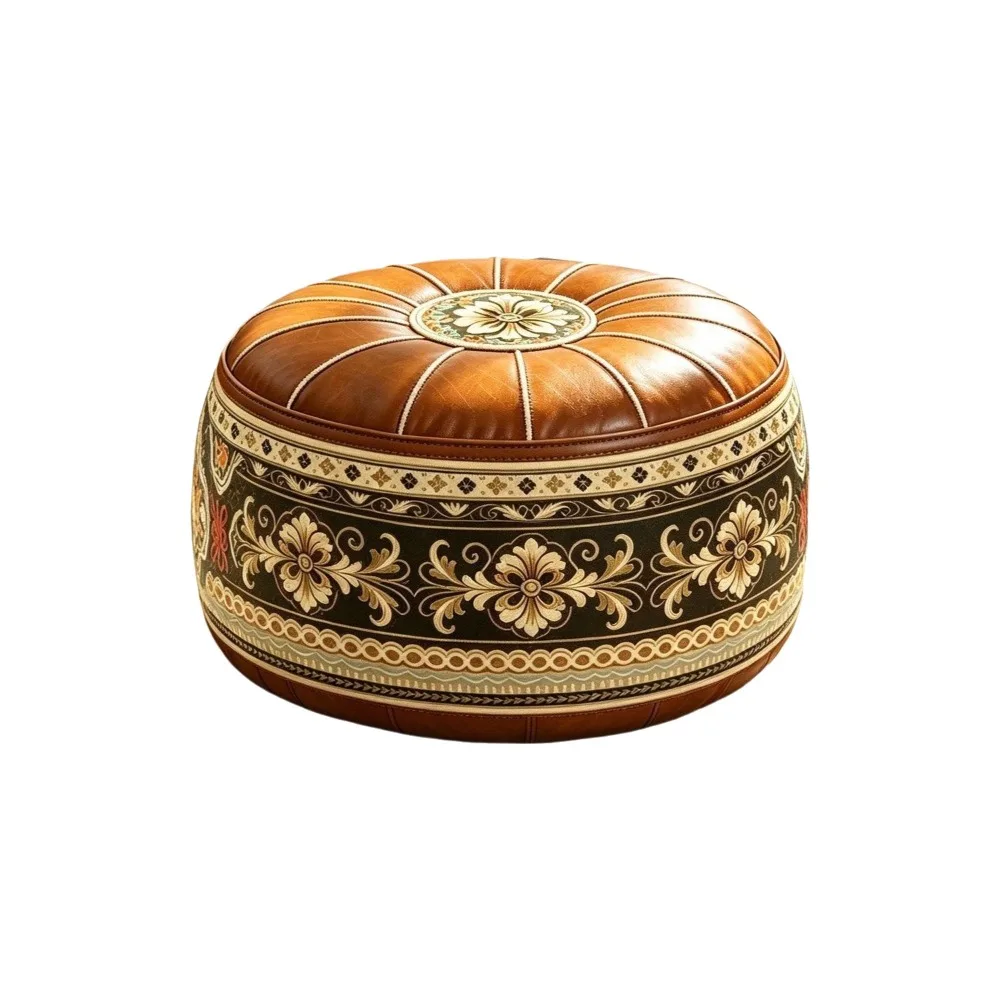 Boho Style Sofa Stool Cover Unstuffed PU Leather Round Footstool Cover Large Capacity Waterproof Storage Ottoman Balcony
