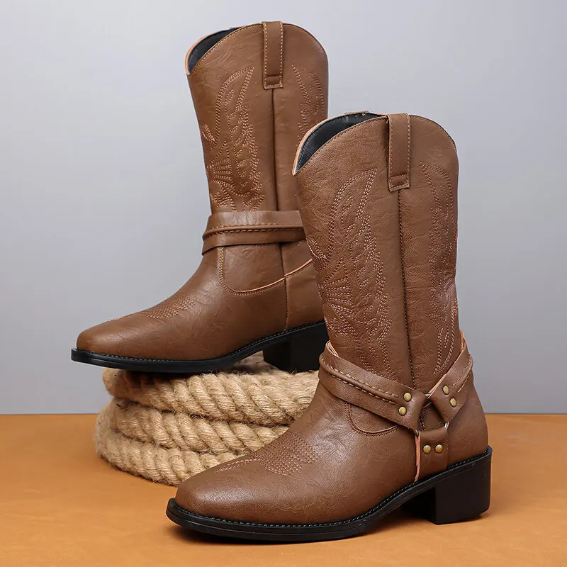 Men's Retro Western Embroidered Belt Buckle Cowboy Boots Mid-Calf Knight Fashionable Outdoor Footwear