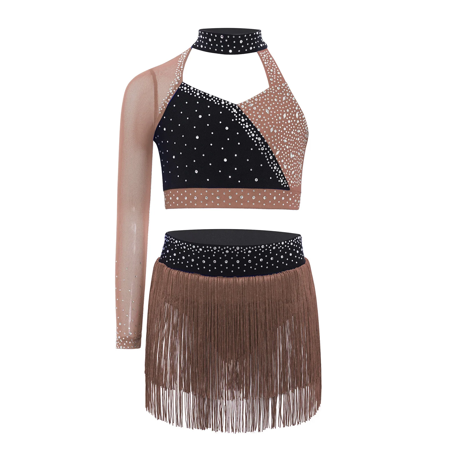 

Kids Girls Latin Tango Dance Outfit Asymmetrical One Shoulder Sheer Mesh Long Sleeve Color Block Crop Top+Tassel Briefs Skirt