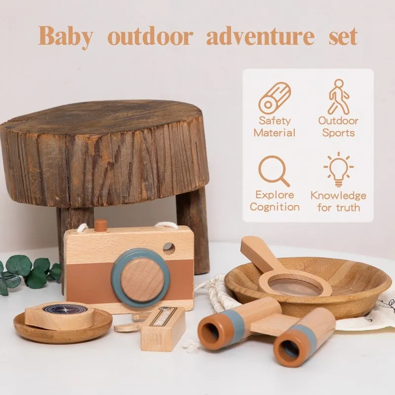 Ensemble de jouets d'aventure en plein air, caméra en bois, loupe, télescope, boussole, couteau en bois, bricolage, 5 pièces