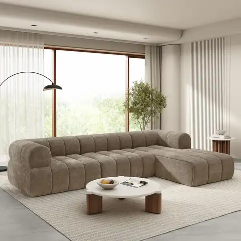 122 Inch L-Shape Sectional Sofa with Chaise Lounge, Cloud Comfort in Brown Boucle Fabric