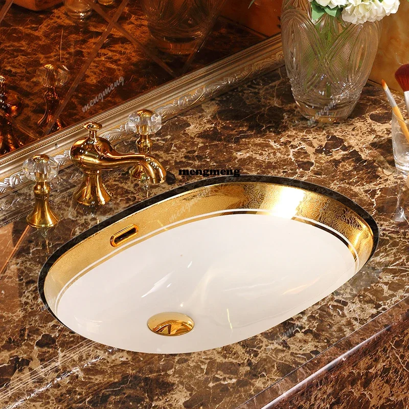 

New arrive European undercounter basin oval embedded gold wash basin toilet art ceramic basin