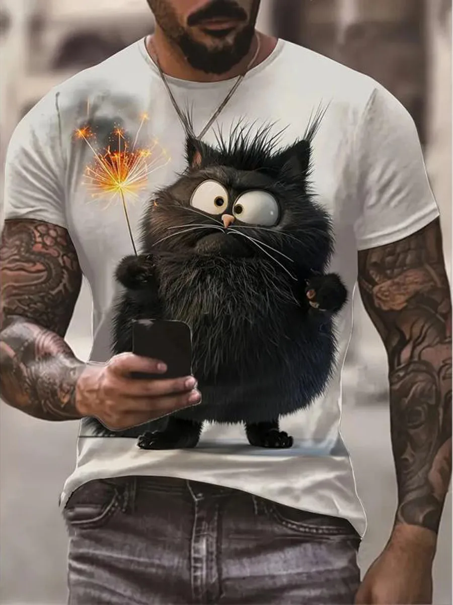New Cartoon Animal T-Shirts Cat Wolf Panda 3D Print Men's Short Sleeve O-Neck T Shirt Casual Harajuku Y2K Tops Tees Men Clothing