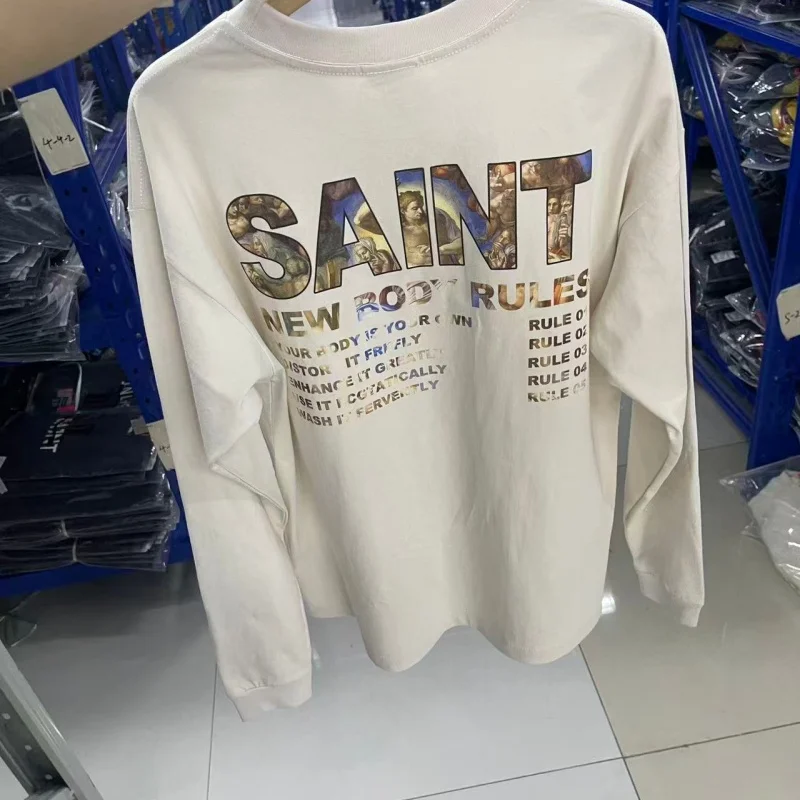 Saint Double Sided Graphic Long Sleeve T-Shirt Men Vintage Oil Painting Font Loose Casual Tee