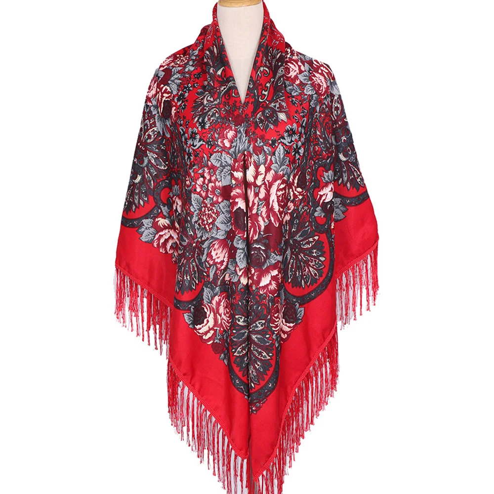 160X160cm Russian Square Scarf for Woman Warm Tassel Floral Print Shawls Handkerchief Wraps Babushka Bandana Travel Blankets