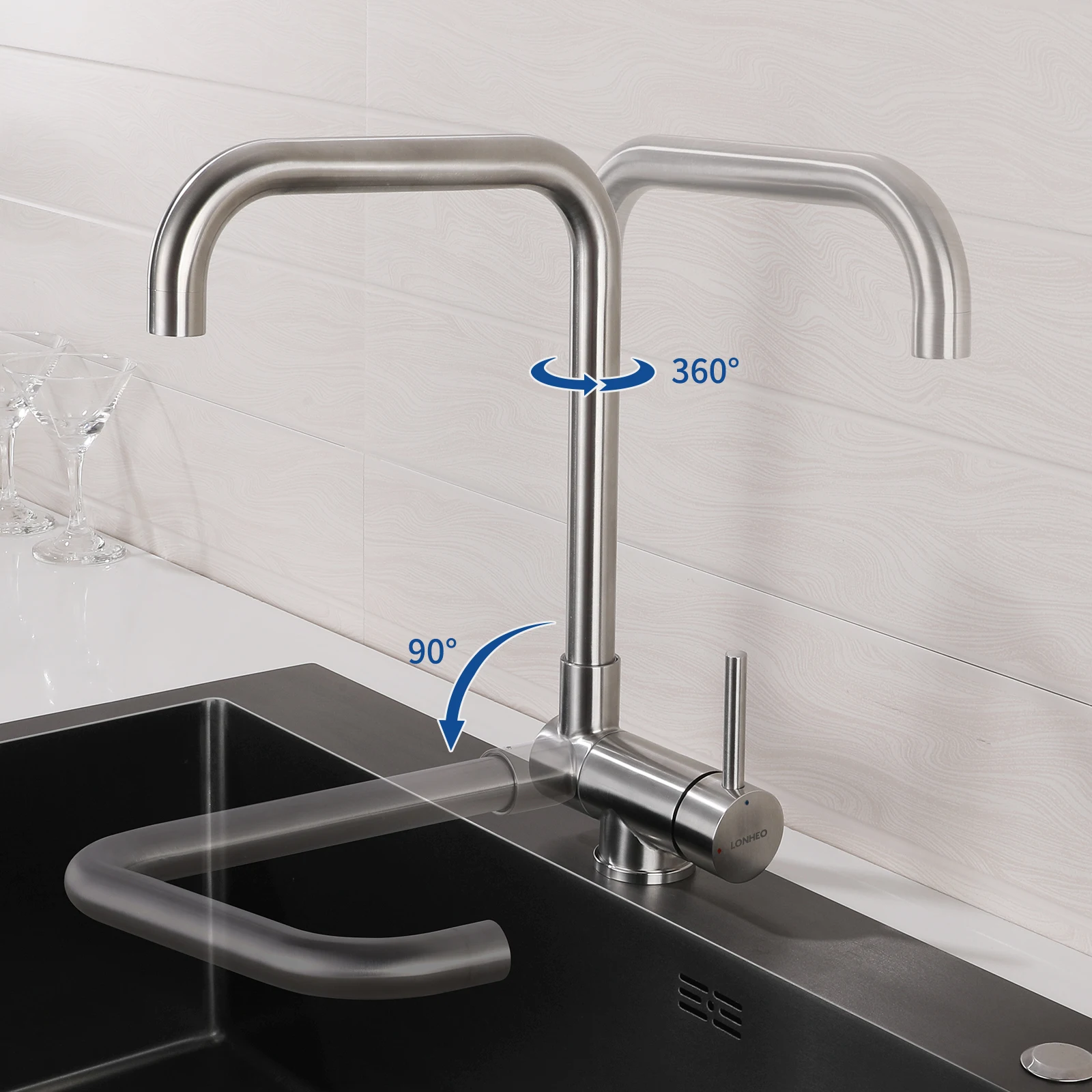 360 ° Grifo Mezclador de Cocina Giratorio y Plegable, Grifo de Cocina con Manija Plegable Orientada hacia la Ventana, Grifo Mezclador de Fregadero de Acero Inoxidable 304