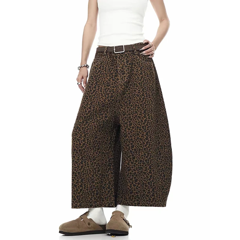 ZHIZOU Summer Women American Retro Leopard Cargo Jeans Shorts Y2K 2000s Harajuku Denim Calf-Length Pants Streetwear High Street