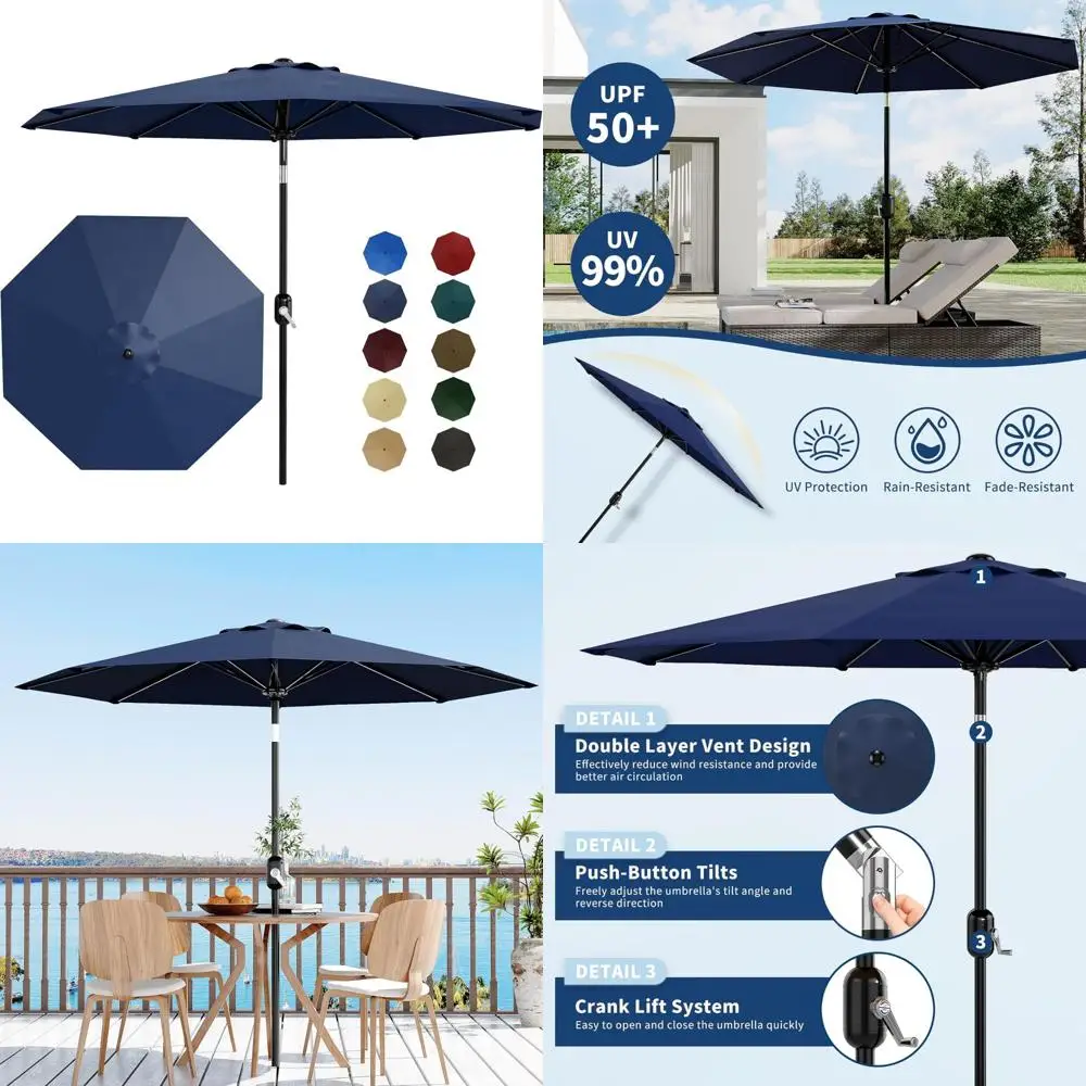 patio umbrella 9ft, table umbrella outdoor patio uv protection with crank lift & push button tilt, 8 sturdy ribs for yard, deck,